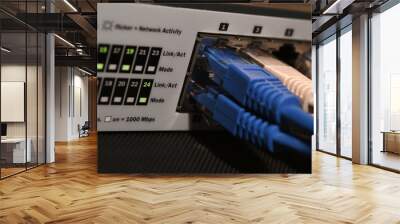 Detail of lights on Network switch and ethernet cables rj45. Data Center Concept. Macro Shot. Wall mural