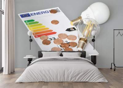 Energy efficiency rating table with light bulbs and euro cents on grey background, close-up. Concept for Energy price increase. Wall mural