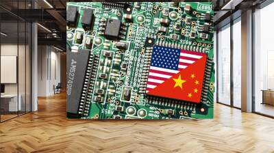 Flag of the Republic of China and the United States on microchip of a PC Motherboard. Concept for world supremacy in microchip and semiconductor manufacturing. Wall mural