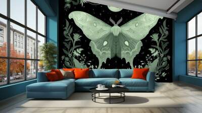 A green Luna moth with outstretched wings rests on a dark background surrounded by colourful flowers and small stars. A crescent moon hovers above it, creating a serene night landscape. Wall mural