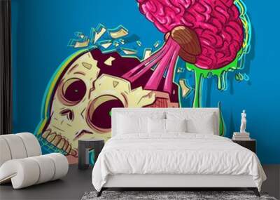 Human zombie skull with a pink brain sticking out of his head and melting. Hip hop wall art and tattoo inspired by graffiti for Halloween. Modern neon background with a cracked cranium. Wall mural