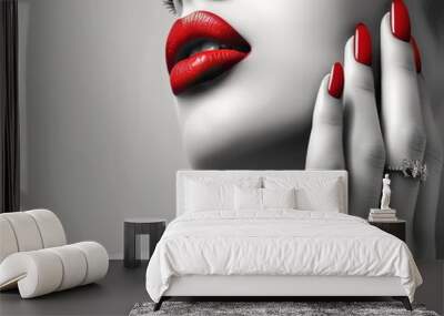 Macro photo of female lips with red lipstick and white teeth. . Сlose up portrait of woman Wall mural