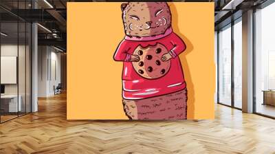 Vector of a cute brown ferret munching on a chocolate chip cookie. Adorable cartoon weasel wearing a red turtleneck sweater and eating a biscuit. Small happy rodent enjoying his food.  Wall mural