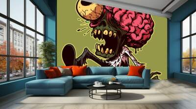 Vector of a walking undead zombie with his brains and eyes popping out. Macabre Halloween illustration of a monster with ripped off clothes walking and crawling Wall mural