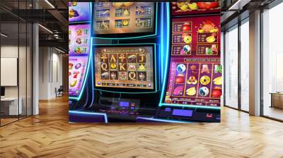 Gambling banner showing different video slot machines of various themes in a casino play room. 3D rendered illustration Wall mural