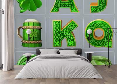 Set of isolated graphic elements associated with Irish symbols of luck. 3D illustrations of a four leaf clover, cauldron, initial letters A J K Q, lucky coin, beer mug, and emerald gemstone Wall mural