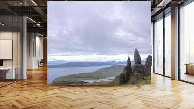 grey summer mist passes over the old man of storr on the isle of skye in scotland. Wall mural