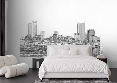 Panoramic view cityscape of Madrid with its skyscrapers. Europe, Spain capital city. Hand drawn ink strokes black and white vector illustration. Wall mural