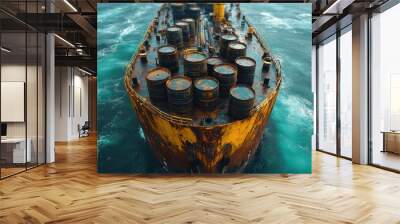 An aerial view of a rusty ship with barrels on deck, sailing through rough seas. Wall mural