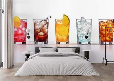 Cocktails in a row with ice cubes on a white background Wall mural