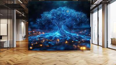 concept of network connection technology or big data, blue cyber polygon tree with futuristic element Wall mural