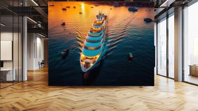 Cruise ship at harbor. Aerial view of beautiful large white ship at sunset. Wall mural