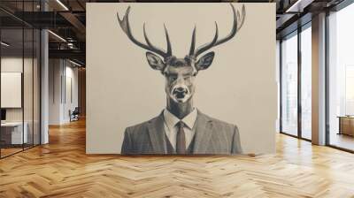 Deer in clothes with shiny horns. Business man in suit with tie with deer head. Wall mural