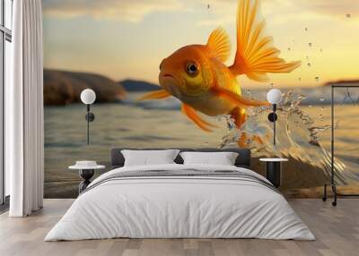 goldfish jumping out of the water at sunset in the sea. Wall mural