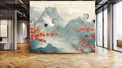 Japanese white cranes with red flowers Wall mural