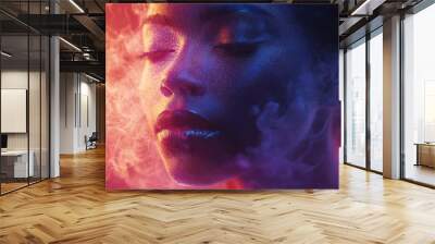 Mystical Portrait with Smoke and Neon Lights Wall mural