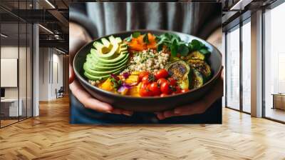 Woman holding bowl with healthy food, closeup. Dieting concept Wall mural