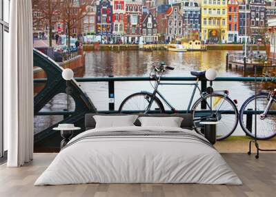 Amsterdam symbols, bike, canals, colorfoul houses, Netherlands Wall mural