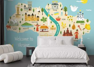 Bright map of Ukraine with landscape, symbols Wall mural