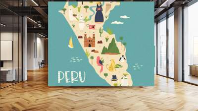 Illustrated colorful map of Peru with famous symbols of the country Wall mural