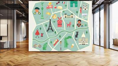 Map of Paris with streets and famous places Wall mural