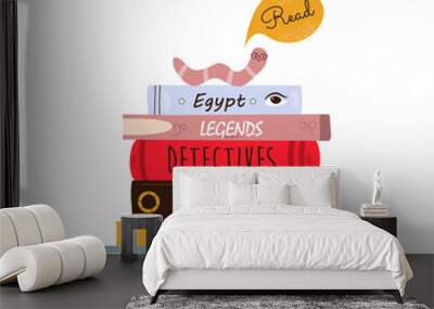 Vector illustration of a pile of books and funny bookworm in a flat style. Wall mural