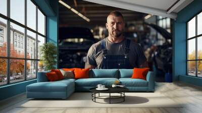 A car mechanic in an equipped garage, uniformed, with tools at the ready, standing next to a car engine Wall mural