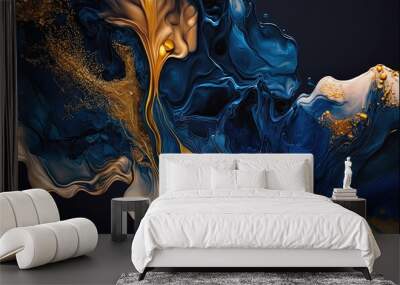 Ink idigo navy blue Gold and blue marbling abstract background - Generative AI Wall mural