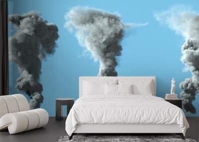 4 different renders of heavy white smoke column as from volcano or huge industrial explosion - pollution concept, 3d illustration of object Wall mural