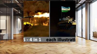 4 very high resolution pictures of heavy tank with design that not exists and with Uzbekistan flag - Uzbekistan army concept, military 3D Illustration Wall mural