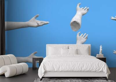 8 white concrete statue hand renders isolated on blue, lights and shadows distribution example for artists or painters - 3d illustration of objects Wall mural