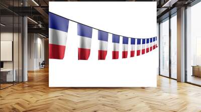 beautiful many France flags or banners hanging diagonal with perspective view on string isolated on white - any celebration flag 3d illustration.. Wall mural