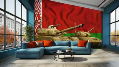 Belarus tank forces concept on the national flag background. 3d Illustration Wall mural