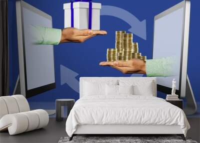 computer concept, two hands from displays. hand with gift box and coins. 3d illustration Wall mural