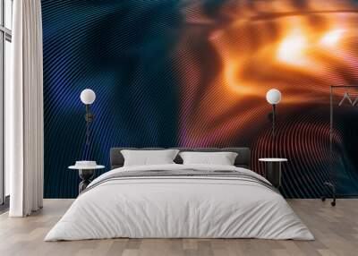 Dark teal or blue background with orange light - digital metal lines art - abstract 3D rendering Wall mural