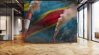 Democratic Republic of Congo pollution fight concept - two big factory chimneys with dense smoke on flag background, industrial 3D illustration Wall mural