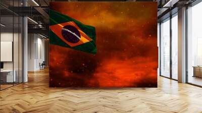 Fluttering Brazil flag mockup with blank space for your text on crimson red sky with smoke pillars background. Troubles concept. Wall mural