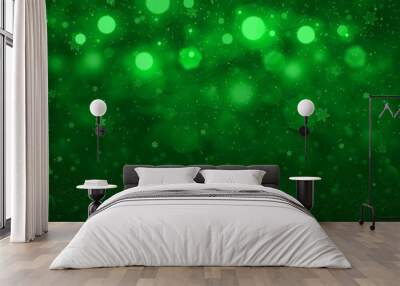 green fantastic shining glitter lights defocused bokeh abstract background with falling snow flakes fly, holiday mockup texture with blank space for your content Wall mural