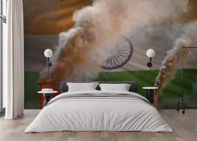 heavy smoke of factory pipes on India flag - global warming concept, background with place for your text - industrial 3D illustration Wall mural