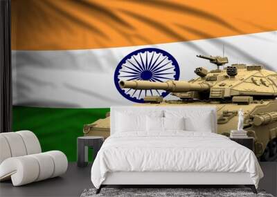 Heavy tank with fictional design on India flag background - modern tank army forces concept, military 3D Illustration Wall mural