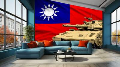 Heavy tank with fictional design on Taiwan Province of China flag background - modern tank army forces concept, military 3D Illustration Wall mural