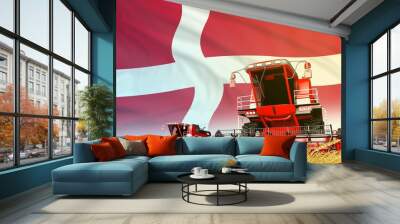 industrial 3D illustration of red rural agricultural combine harvester on field with Denmark flag background, food industry concept Wall mural