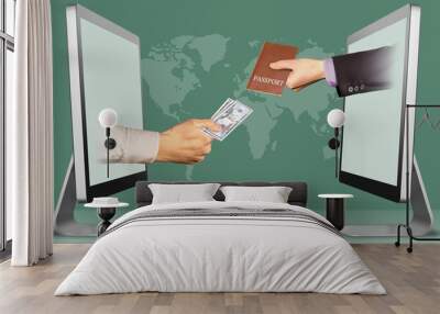 information concept, two hands from laptops. hand with cash money and passport. 3d illustration Wall mural