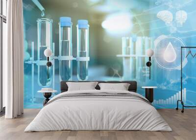 lab test-tubes in modern chemistry research clinic - drink water quality test for bacteria design background, medical 3D illustration Wall mural