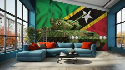 light tank apc with summer camouflage on the Saint Kitts and Nevis national flag background. 3d Illustration Wall mural