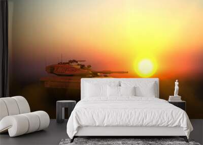 Military 3D Illustration of desert tactical camouflage modern tank with fictional design on sunset in desert, very high resolution tank fight concept Wall mural