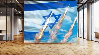 Modern strategic rocket forces concept on blue sky background, Israel supersonic missile attack - military industrial 3D illustration, nuke with flag Wall mural