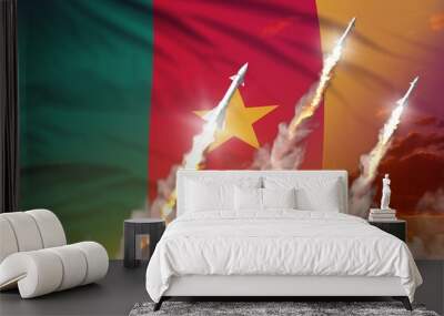 Modern strategic rocket forces concept on sunset background, Cameroon ballistic warhead attack - military industrial 3D illustration, nuke with flag Wall mural