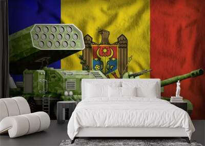 Moldova heavy military armored vehicles concept on the national flag background. 3d Illustration Wall mural