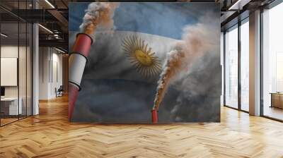 Pollution fight in Argentina concept - industrial 3D illustration of two huge industrial chimneys with heavy smoke on flag background Wall mural